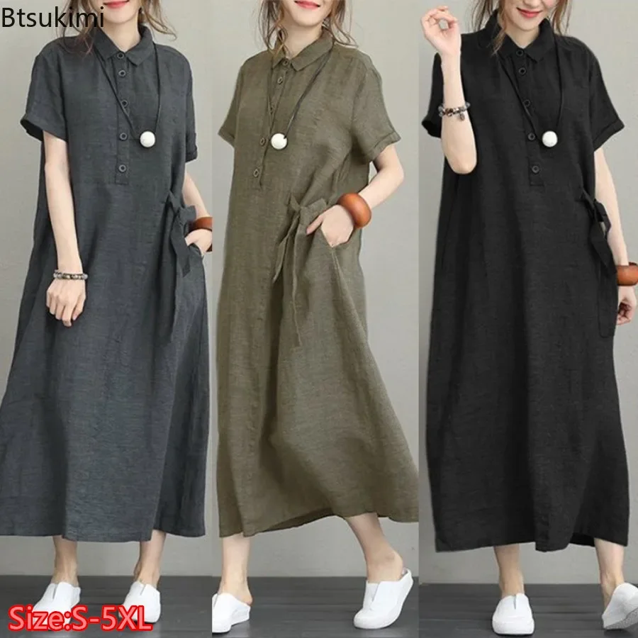 Casual Loose Linen Shirt Dress - 2026 Summer Dress Simple Vintage Cotton