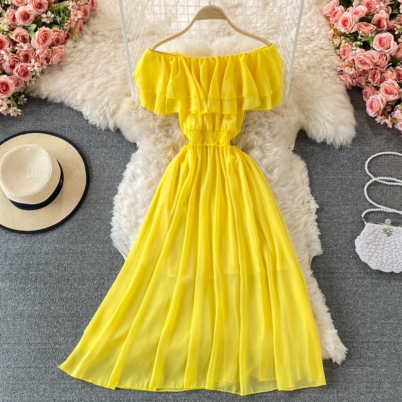 Off Shoulder Puff Sleeve Sundress - Yellow Solid Women's Beach Dress For