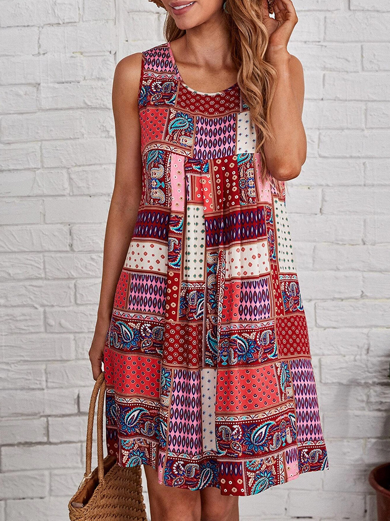 Boho Summer Beach Maxi Dress - Women's Sleeveless Dress Boho Patchwork Paisley