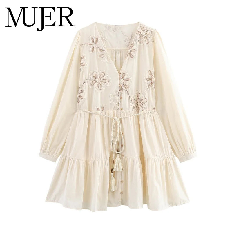 Boho Summer Beach Maxi Dress - MUJER Flower Embroidered Mini Dress Women