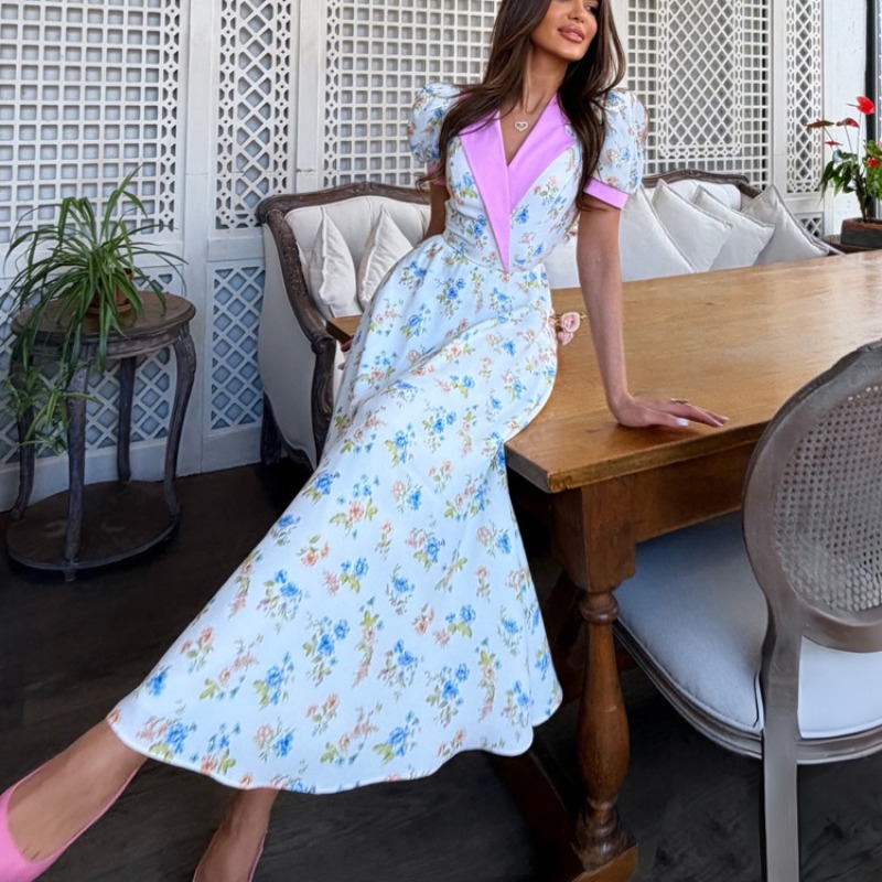 French Vintage Floral Midi Dress - Elegant 2026 Summer Floral Print Corset