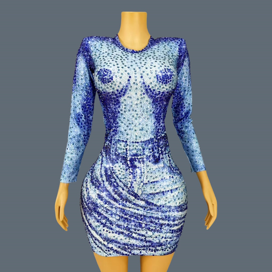 Sparkly Rhinestone Club Party Dress - Fashion Sparkly Blue Rhinestones Long Sleeve