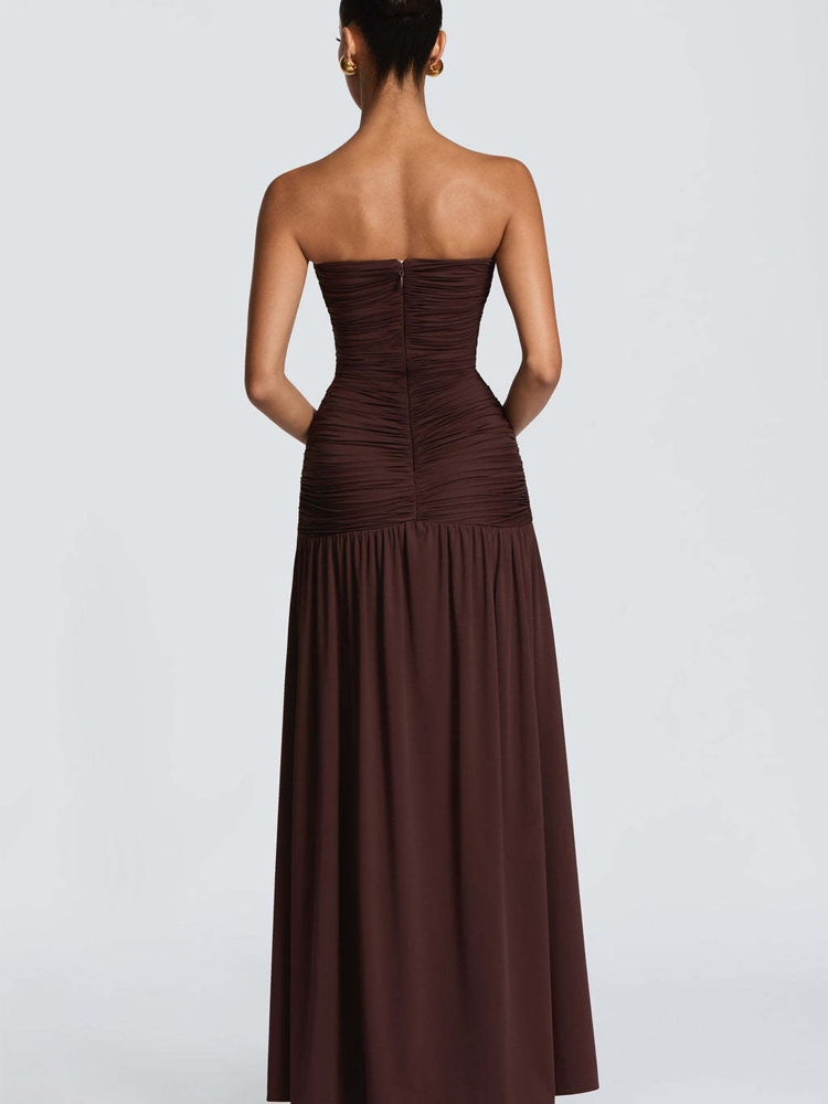 Elegant Satin Evening Gown Split - Elegant Solid Pleated Slim Long Dress