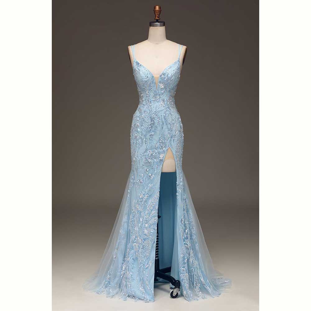 Elegant Light Blue Satin Women - Elegant Satin Evening Gown Split review and price