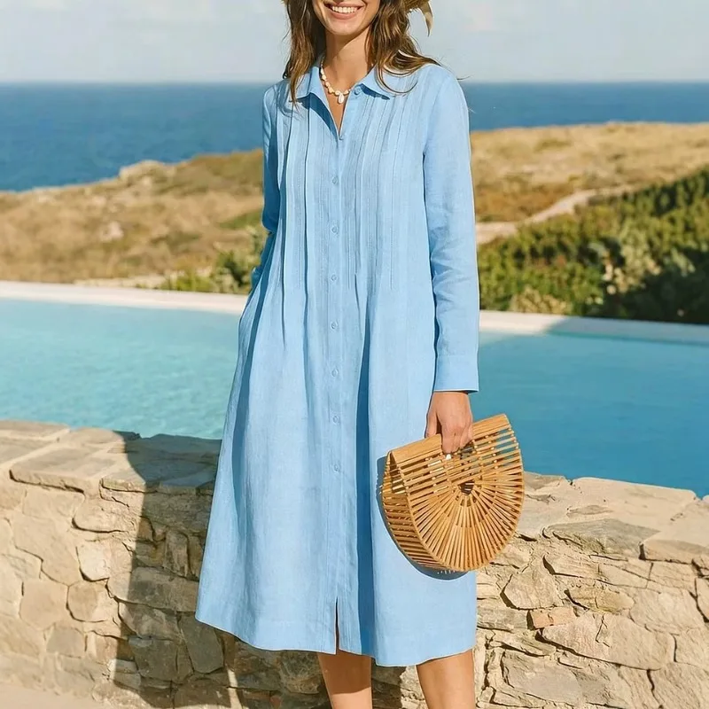 European Solid Long Dress Loos - Casual Loose Linen Shirt Dress review and price