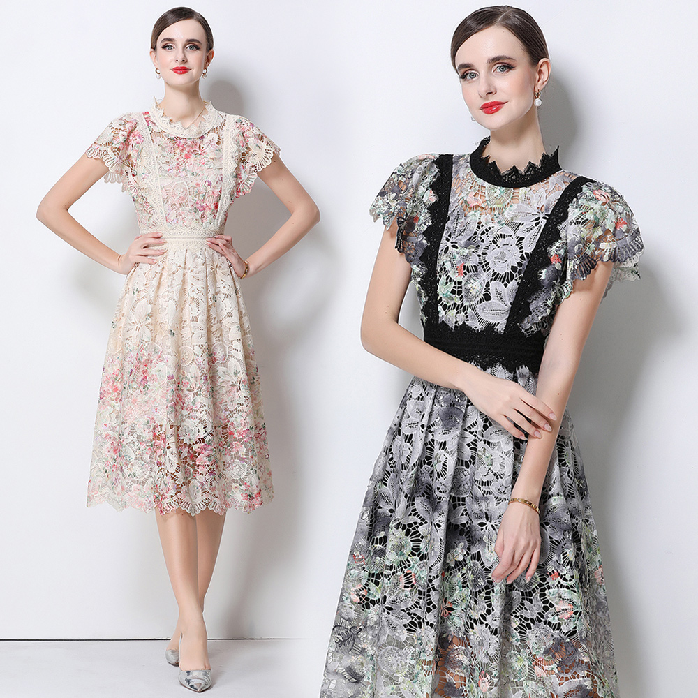 Elegant Lace Embroidery Hollow - French Vintage Floral Midi Dress review and price