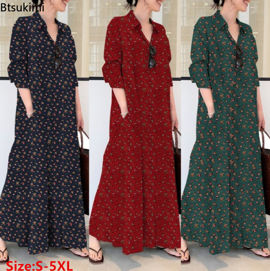 New Women's Print Long Style S - Casual Loose Linen Shirt Dress review and price