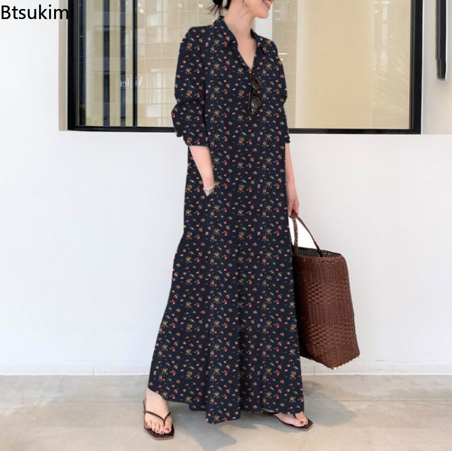 New Women's Print Long Style S - Casual Loose Linen Shirt Dress review and price