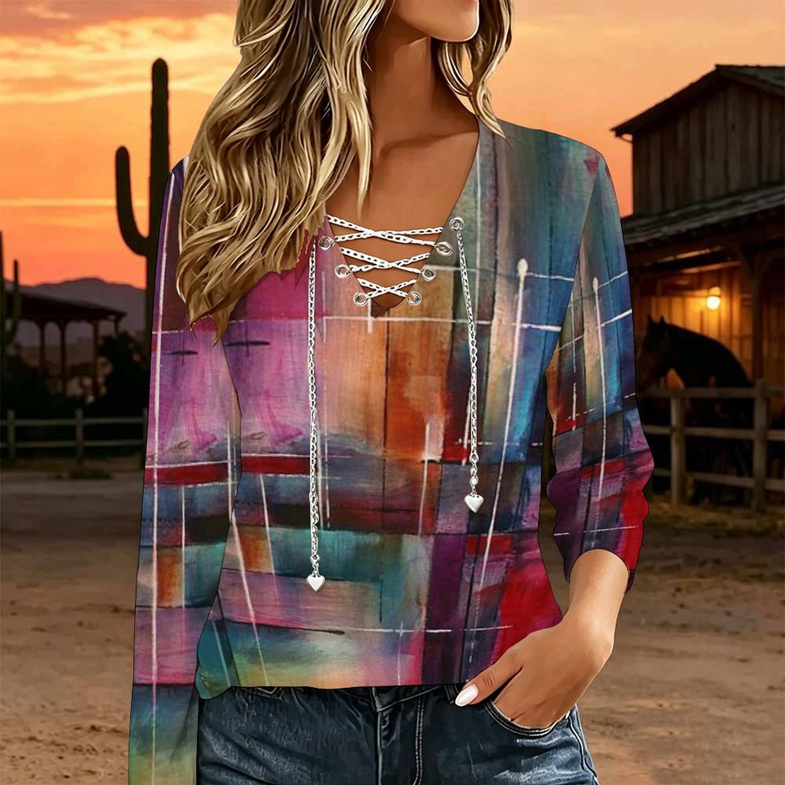 Women V Neck Long Sleeve Top M - Blouses review and price