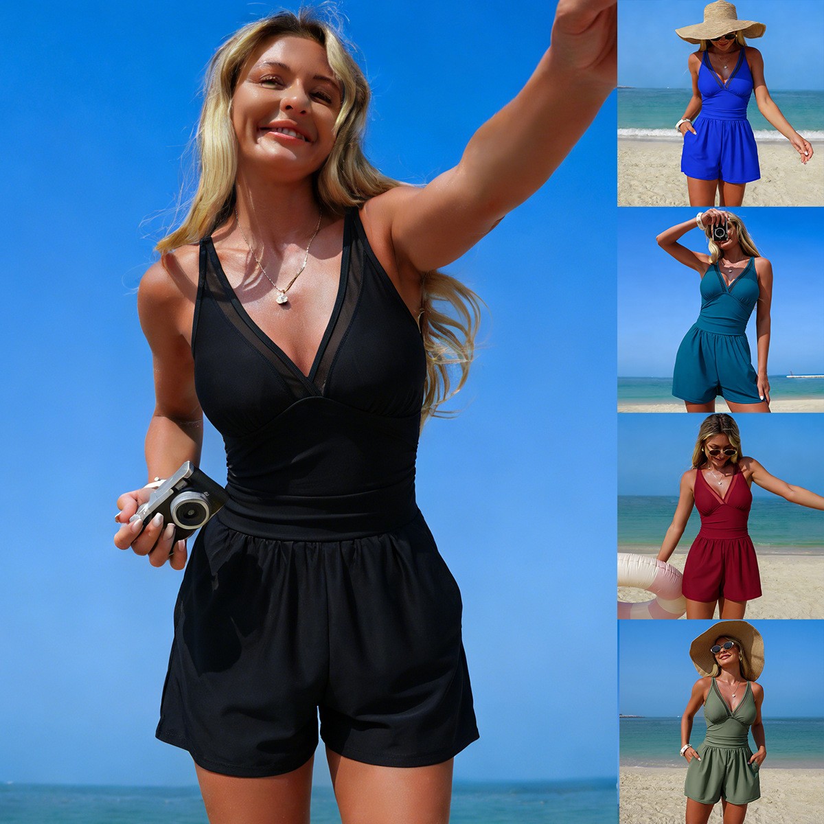Black Solid Color Sleeveless V - Swimwear review and price