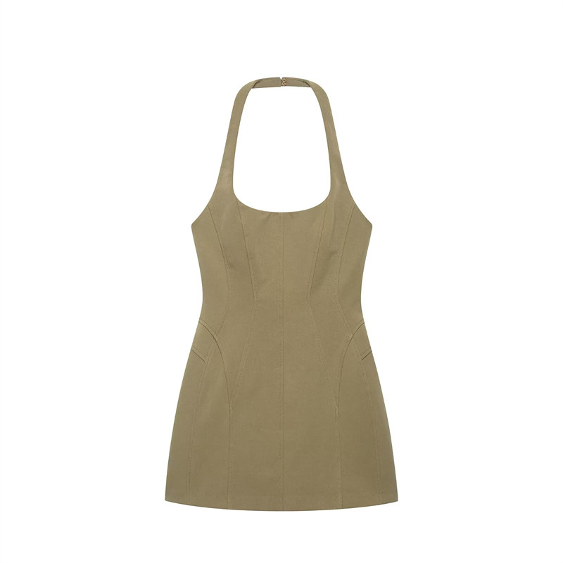 Women Vintage Khaki Halter Min - Y2K Backless Halter Mini Dress review and price