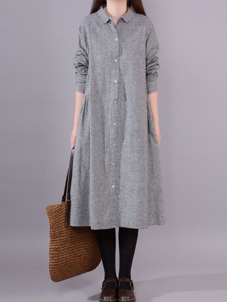 Women's Long Sleeve Cotton Lin - Korean Style A Line Shirt Dress review and price