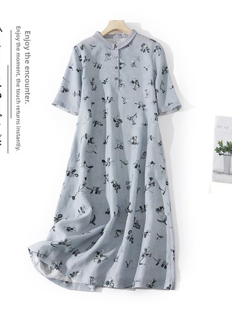 Artistic Floral Print Loose Co - Casual Loose Linen Shirt Dress review and price
