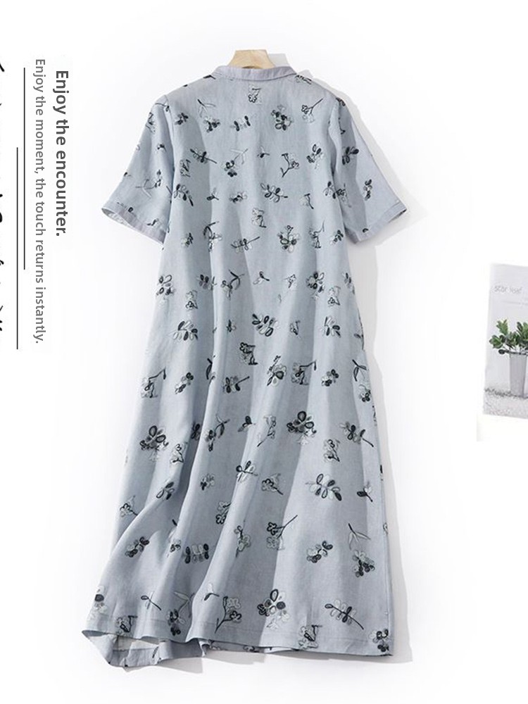 Artistic Floral Print Loose Co - Casual Loose Linen Shirt Dress review and price