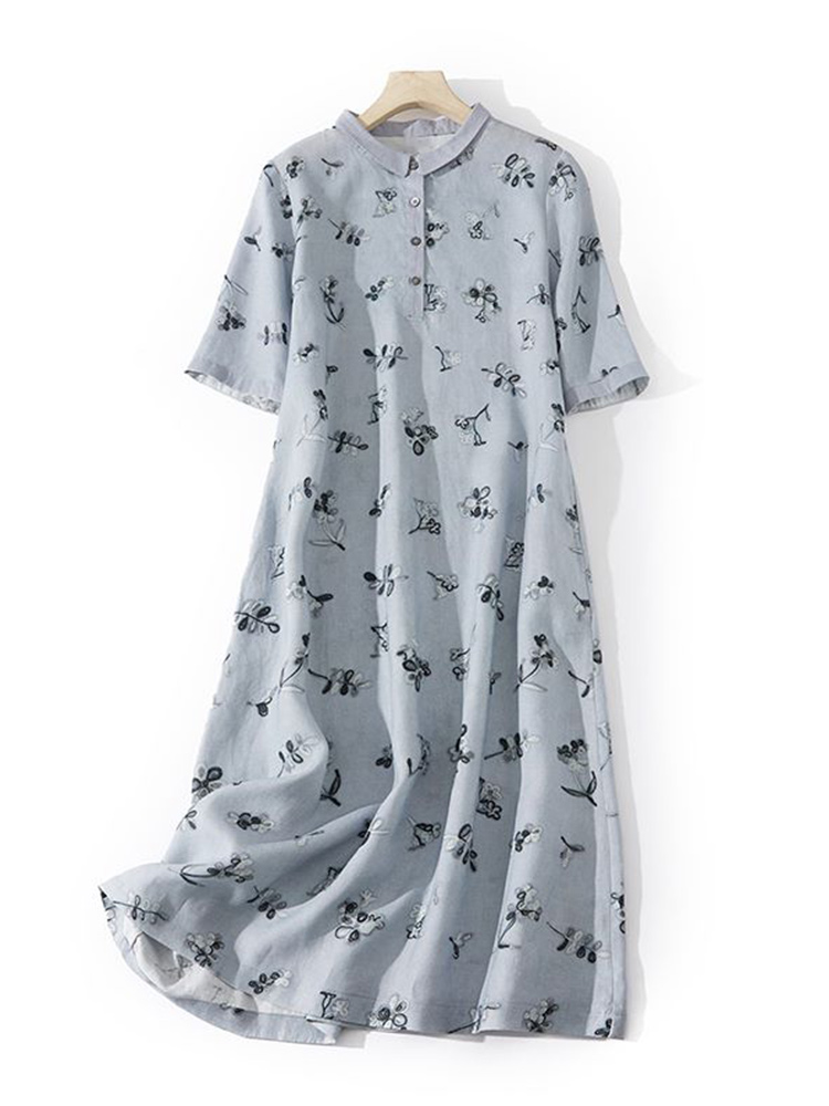 Artistic Floral Print Loose Co - Casual Loose Linen Shirt Dress review and price