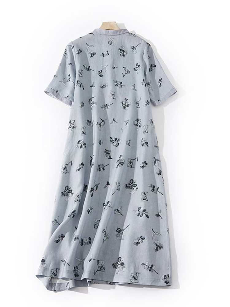 Artistic Floral Print Loose Co - Casual Loose Linen Shirt Dress review and price