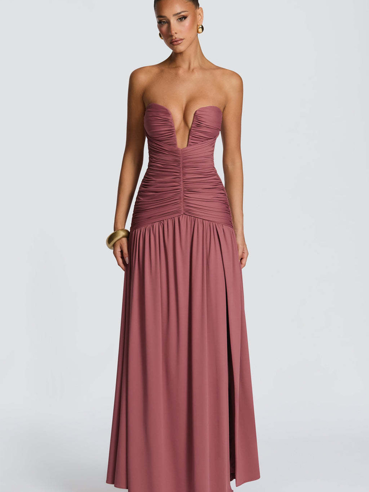 Elegant Solid Pleated Slim Lon - Elegant Satin Evening Gown Split review and price